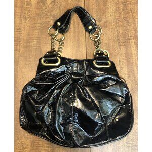 Rampage Handbag Black Patent Vegan/Faux Leather Y2K Purse Ruched w/Acrylic Chain